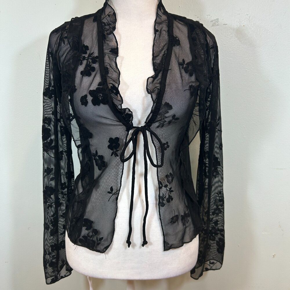 Streetwear Society Black Sheer Mesh Velvet Burnout Small Top Goth Fairy Y2K